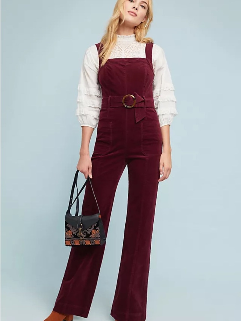 Anthropologie Burgundy Corduroy Belted Jumpsuit